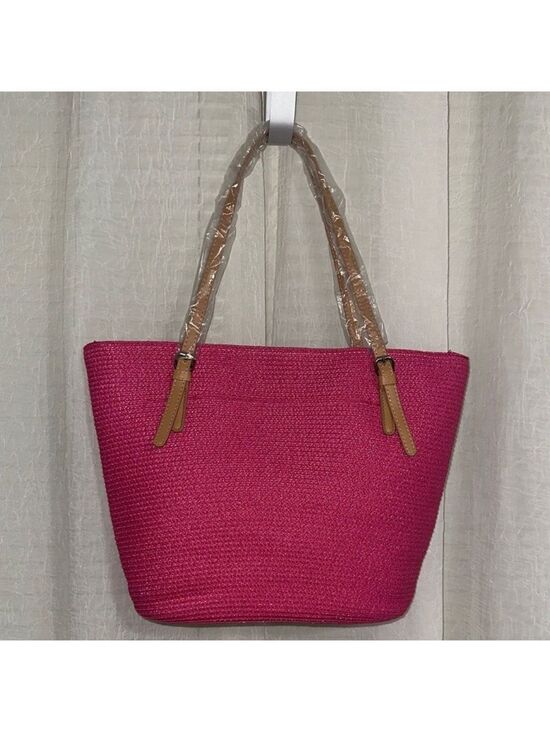 Handbags - Fuchsia Pink Tan Straw Faux Leather Straps Tote Bag